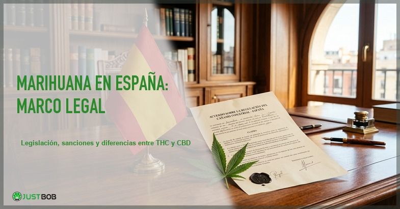 Bandera espanola junto a un documento legal y una hoja de canamo sobre un escritorio de caoba