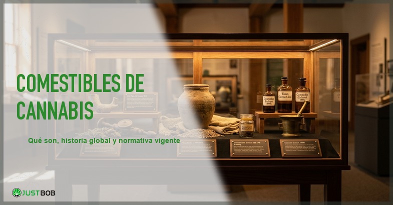 Vitrina de museo con artefactos historicos de cannabis y placas informativas bajo iluminacion ambiental calida