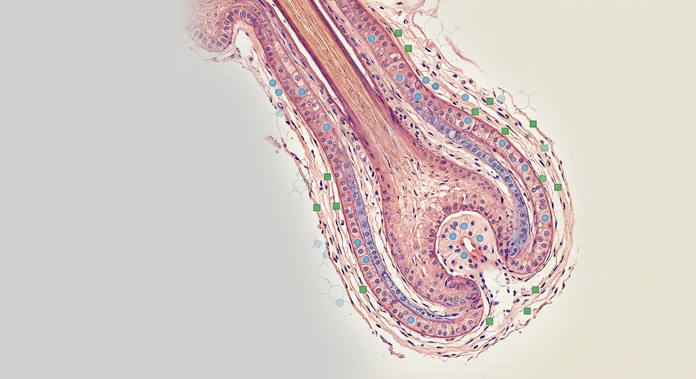 Sección microscópica de un folículo piloso humano con representación esquemática del sistema endocannabinoide cutáneo