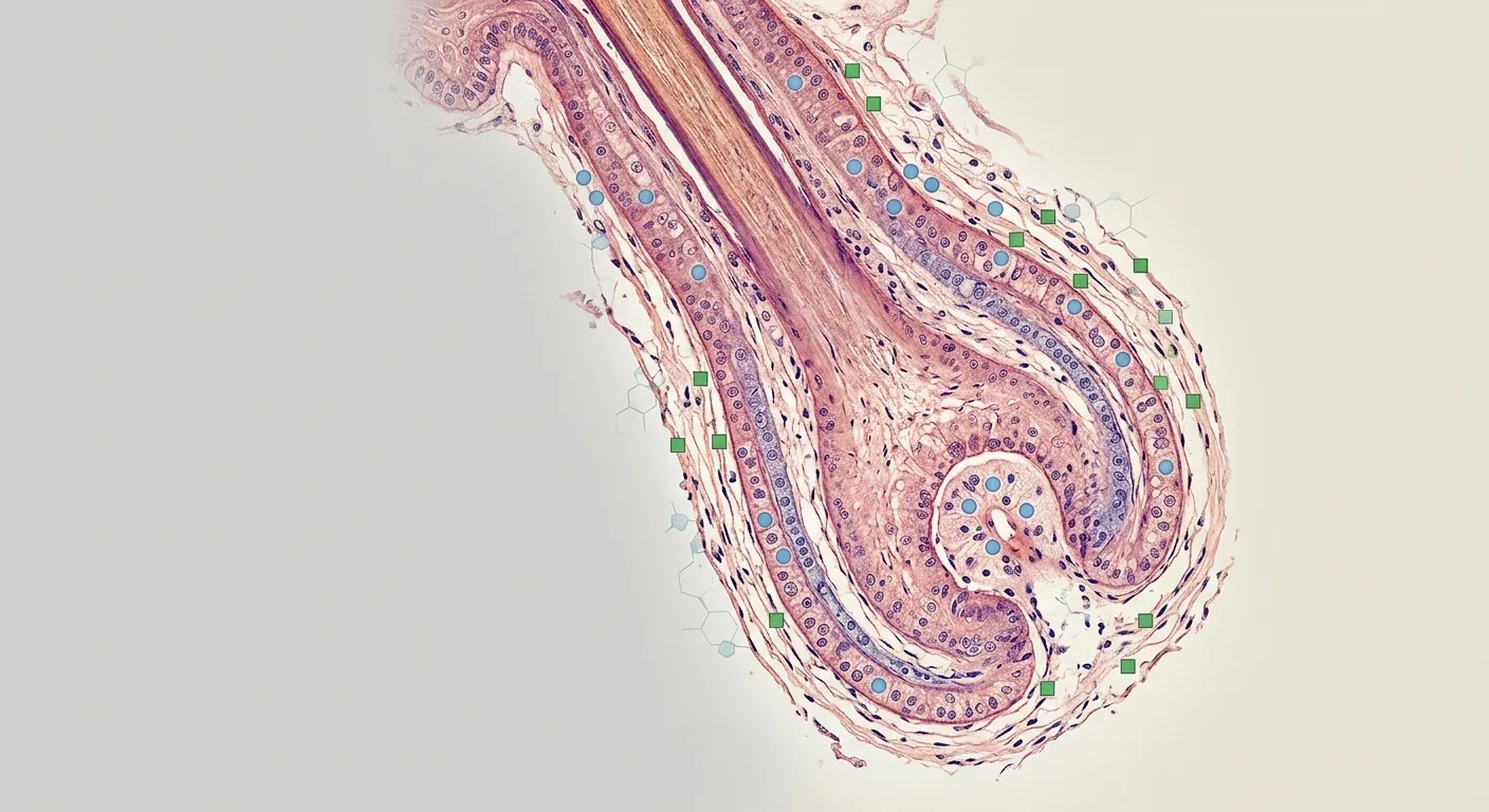 follicolo-piloso-sistema-endocannabinoide-microscopia Sección microscópica de un folículo piloso humano con representación esquemática del sistema endocannabinoide cutáneo