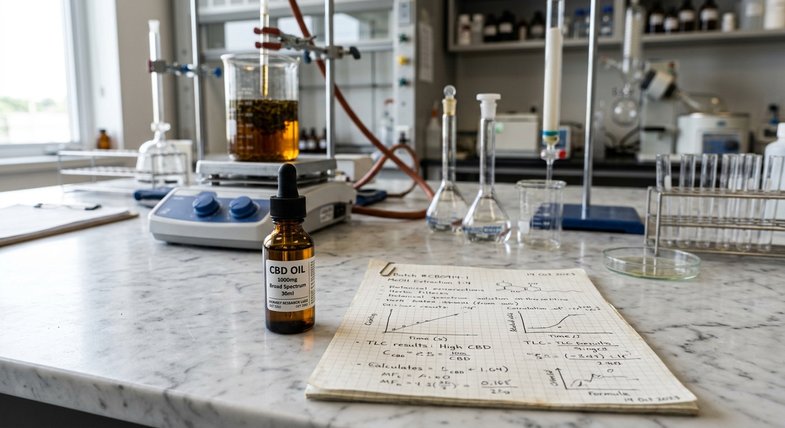 Frasco cuentagotas de aceite de CBD ámbar sobre superficie de laboratorio con anotaciones científicas