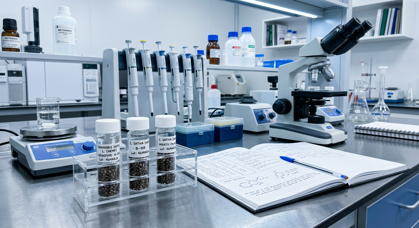 Selección varietal de Cannabis sativa en laboratorio de genética vegetal con muestras de semillas certificadas