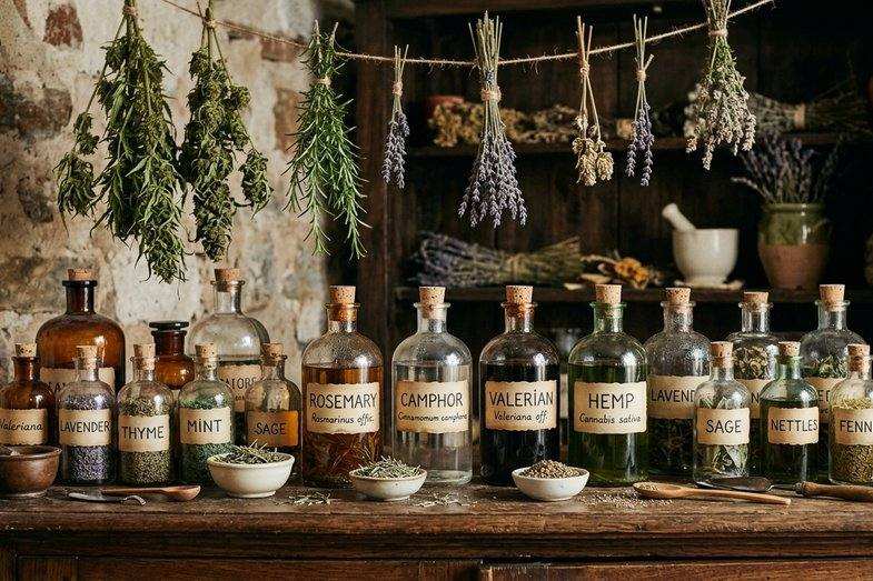 Estantería de herbolaria tradicional con frascos de cristal vintage etiquetados a mano que contienen maceraciones vegetales de cáñamo industrial, alcanfor y romero
