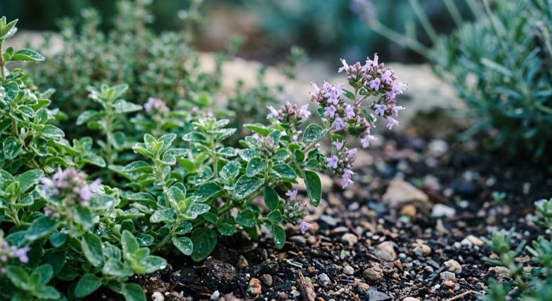 Planta de orégano Origanum vulgare con flores y hojas aromáticas