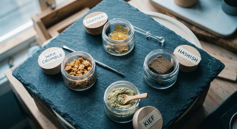 Diferentes tipos de concentrados de cannabis: hachís, rosin, wax y shatter