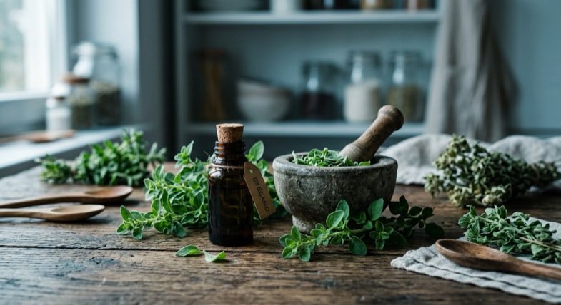 Aceite esencial de orégano con hojas frescas y mortero sobre mesa de madera