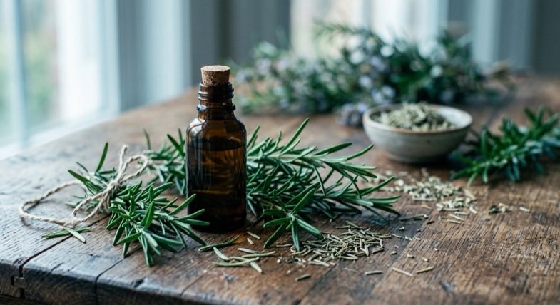 Aceite esencial de romero con ramas frescas y mortero en mesa de madera