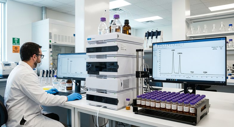 laboratorio-cromatografo-extractos-canamo-cbd Laboratorio científico moderno con cromatógrafo y muestras de extractos de cáñamo CBD para análisis de cannabinoides