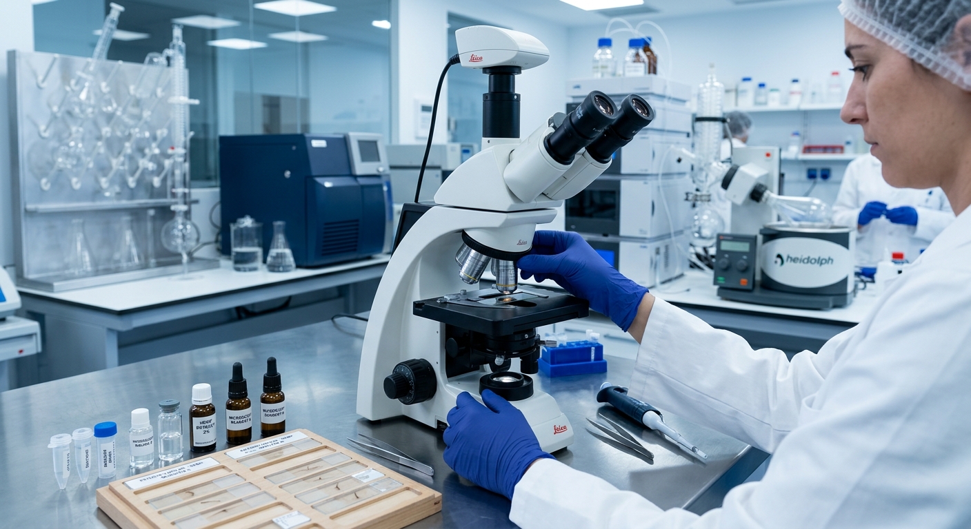 Laboratorio de investigación dermatológica con muestras capilares para análisis científico de la caída del cabello