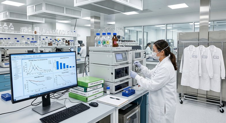 Laboratorio con documentación regulatoria sobre cannabidiol y estudios de tolerabilidad en trials clínicos