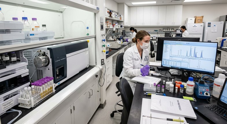 Laboratorio de toxicología forense con instrumentación para análisis de cannabinoides en orina y plasma del fumador pasivo