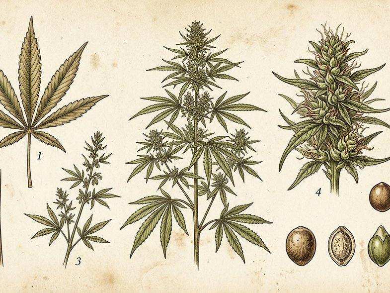 Lamina botanica vintage que ilustra las distintas partes de la planta de cannabis sativa con cogollo hojas de abanico hojas de azucar tallo y semillas etiquetadas en latin