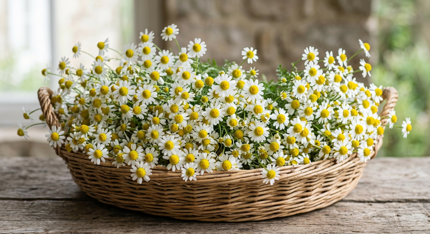 Capítulos florales de Matricaria chamomilla recolectados manualmente, planta documentada en la herbolaria europea desde la Antigüedad
