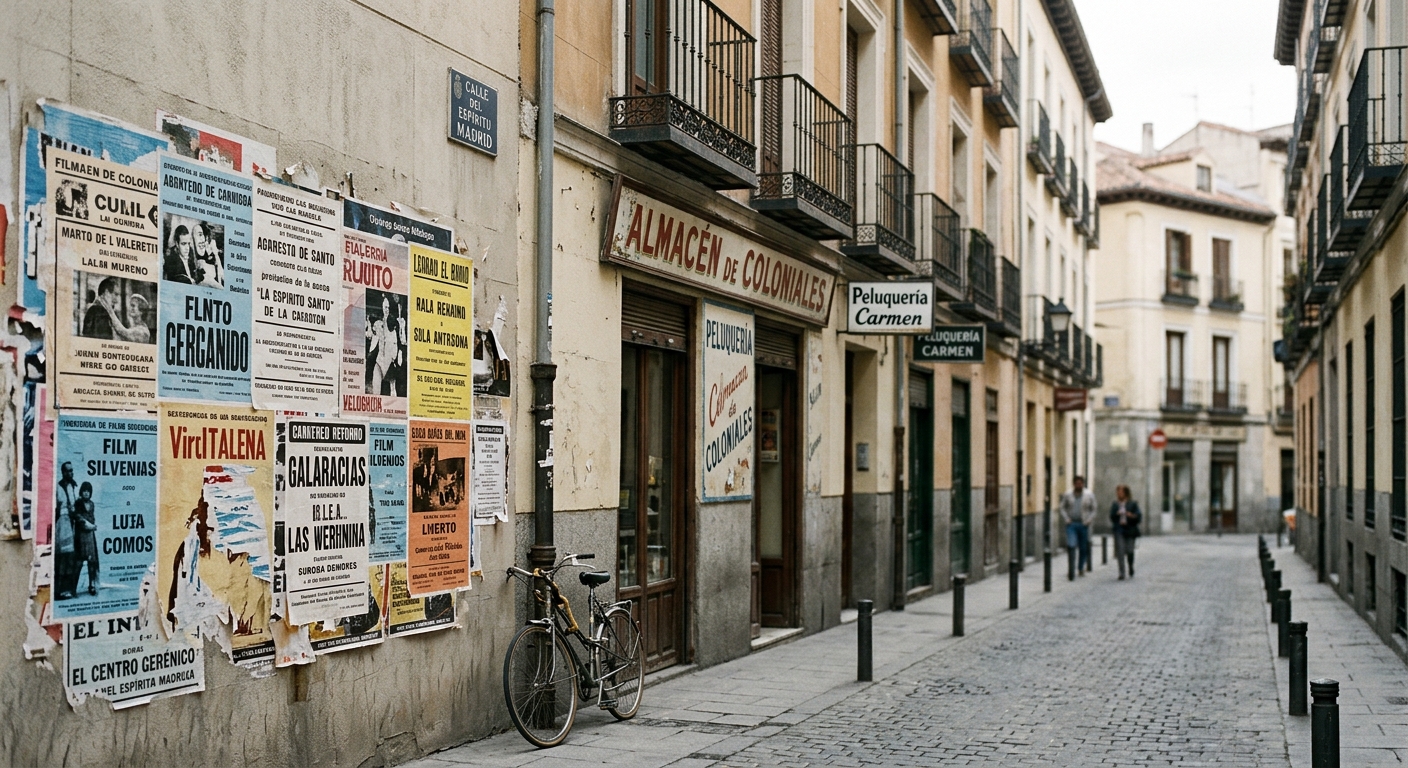 Cartel cultural vintage de la Movida madrileña, contexto sociolingüístico de las décadas de los setenta y ochenta en España