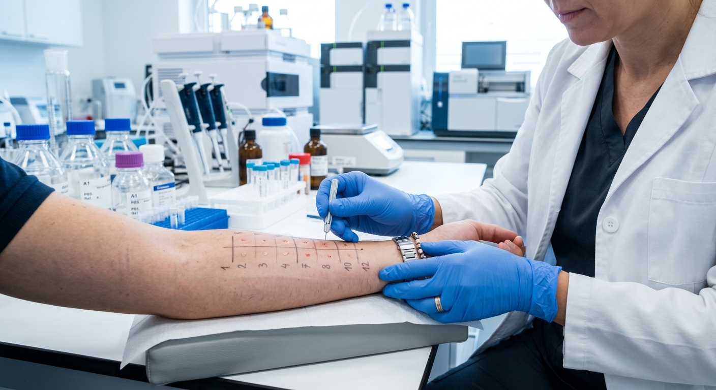 Sesión de prick test alergológico en consulta especializada con material clínico estéril para diagnóstico de hipersensibilidad