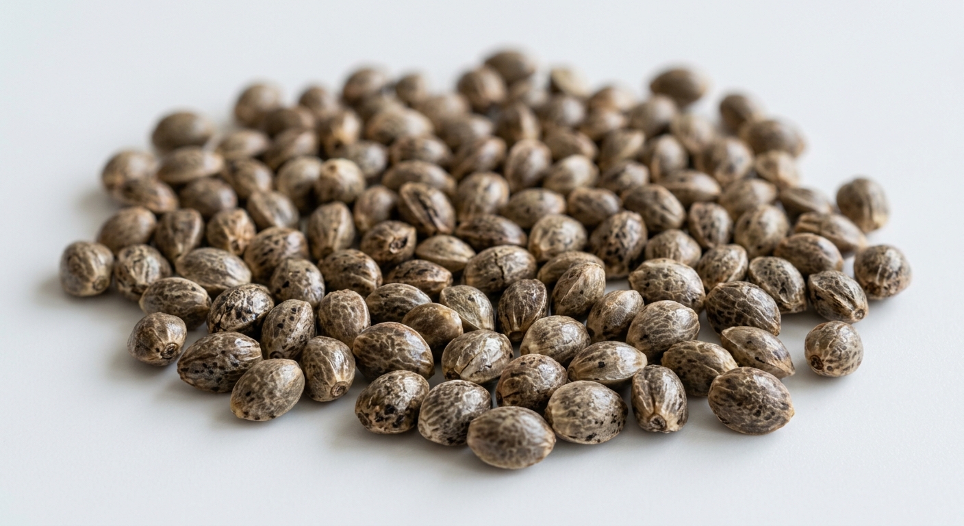 semillas-canamo-composicion-quimica-aquenio-cannabis-sativa SSemillas de cáñamo descascarilladas sobre superficie blanca para análisis nutricional de proteínas y ácidos grasos omega 3
