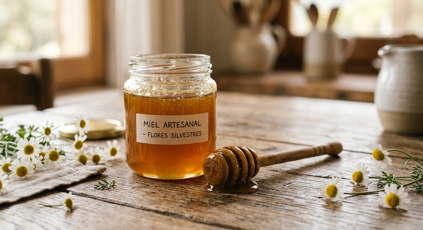 Tarro de miel artesanal con cuchara de madera y flores de manzanilla en una mesa de madera, ilustración de la herbolaria mediterránea tradicional