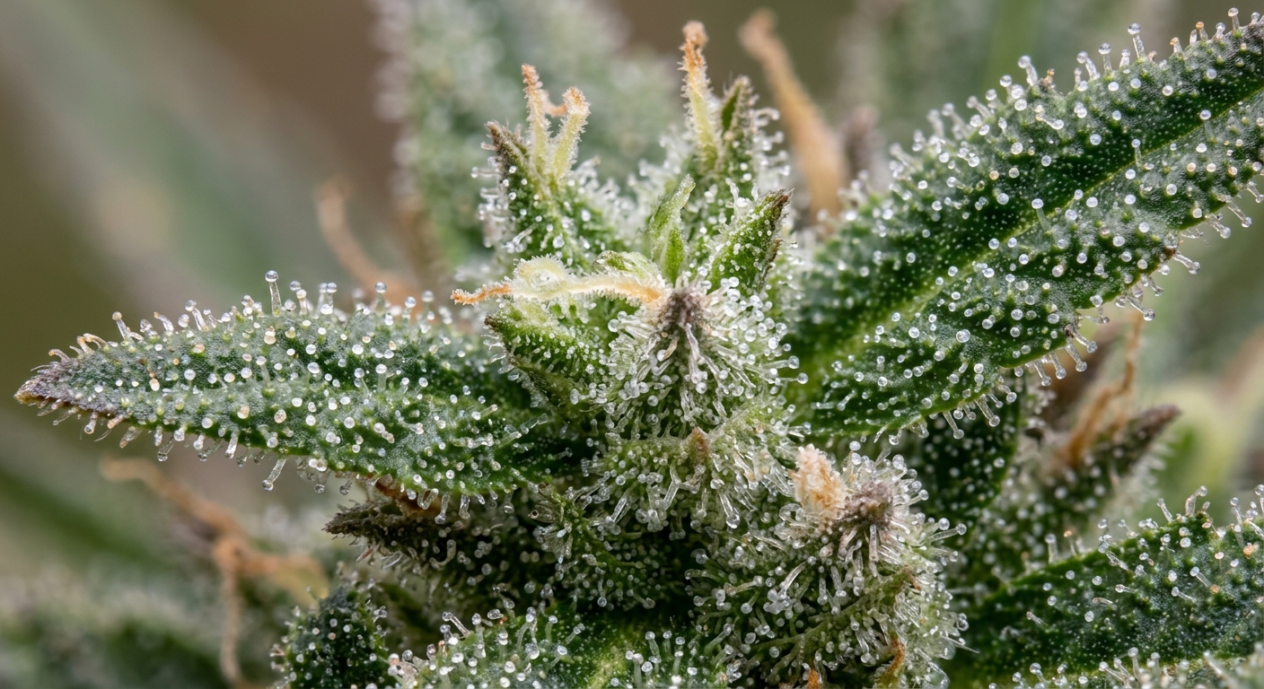 Tricomas de Cannabis sativa observados al microscopio, estructura responsable de la biosíntesis de cannabinoides