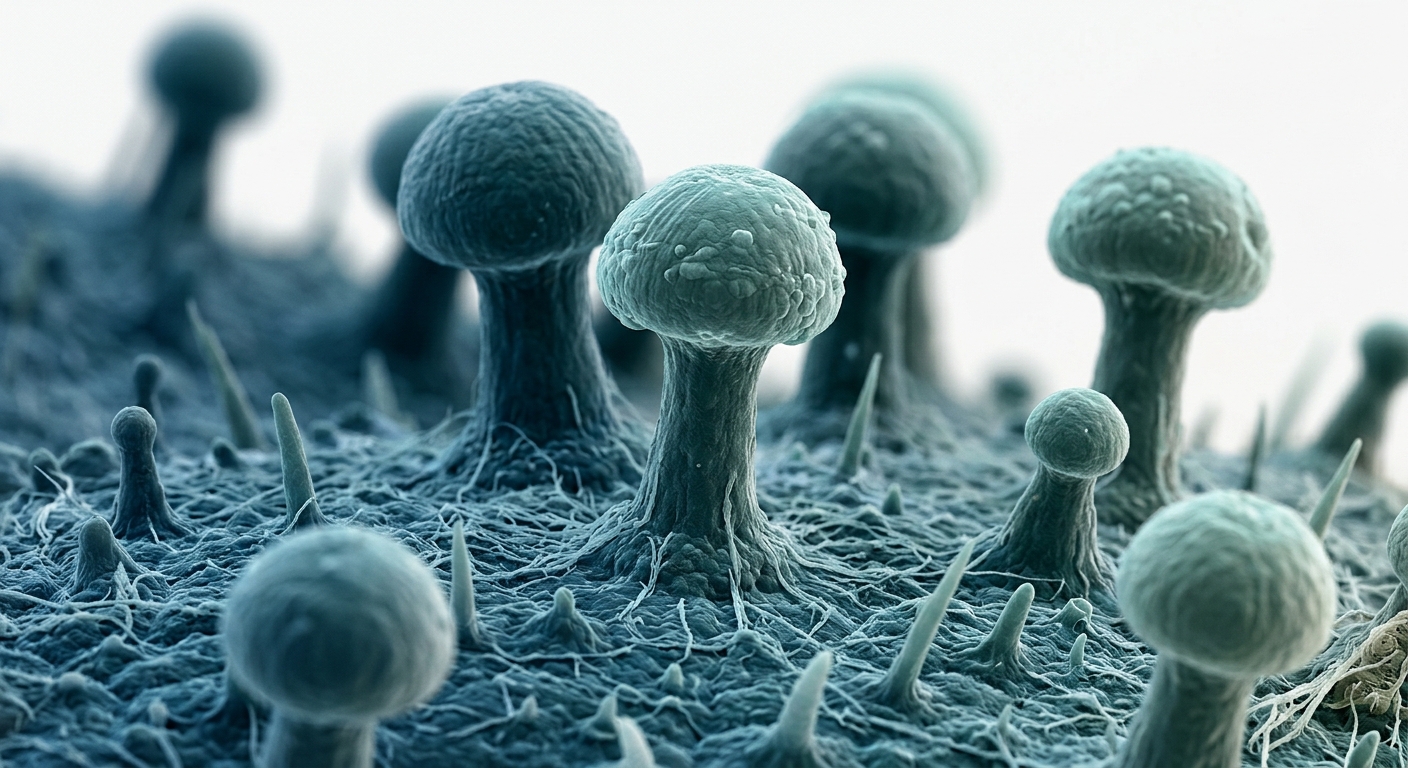 Tricomas glandulares de Cannabis sativa observados al microscopio electrónico, estructuras responsables de la biosíntesis cannabinoide