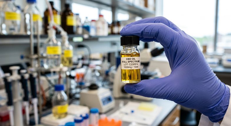 vial-aceite-cannabinoide-laboratorio-cbg Investigador con vial de aceite de cannabinoide en laboratorio dedicado al estudio del CBG en la planta de cannabis