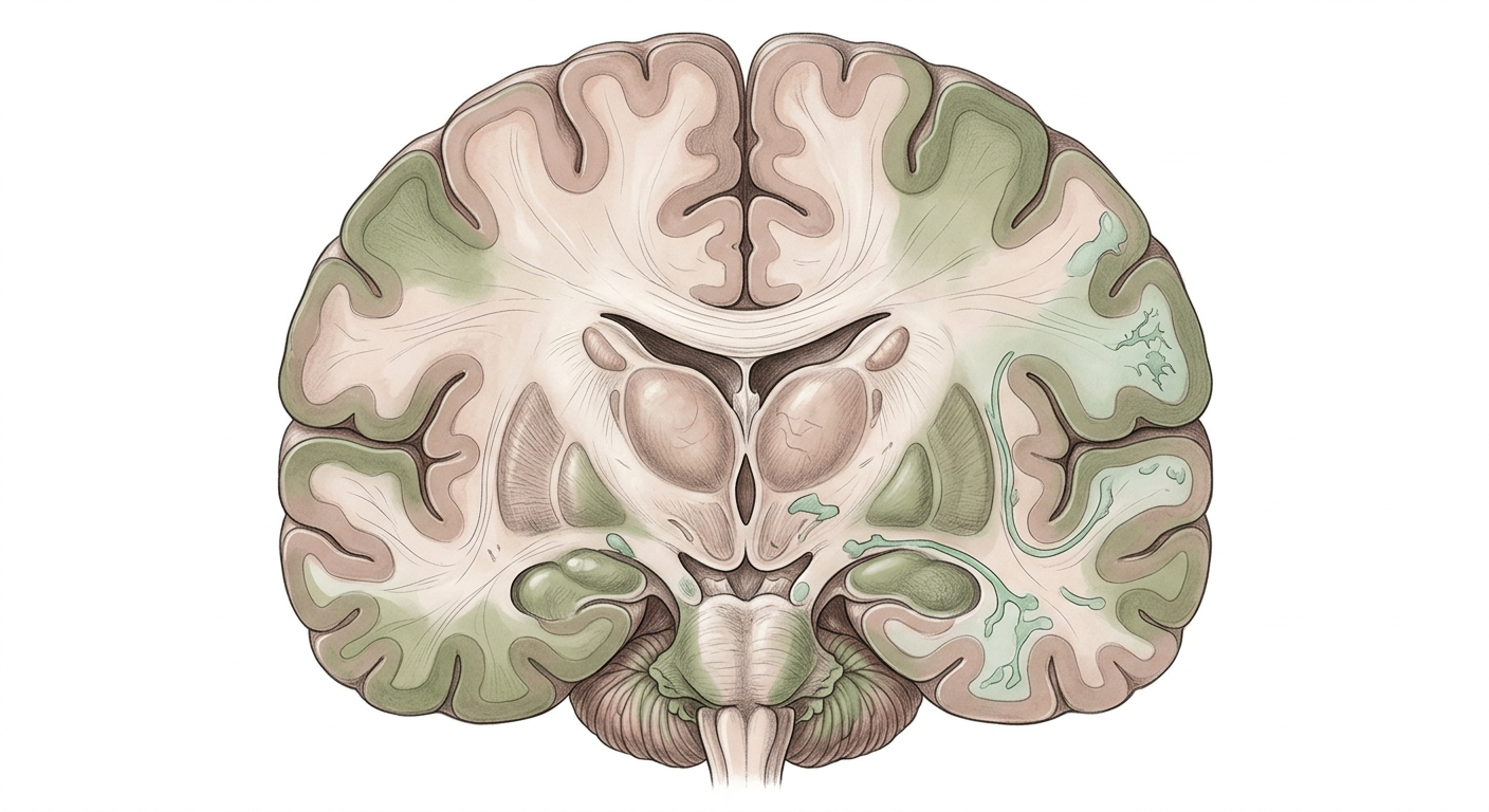 cannabis-cerebro-investigacion-cientifica Ilustracion anatomica del cerebro humano en seccion coronal con zonas resaltadas de receptores cannabinoides CB1 y CB2