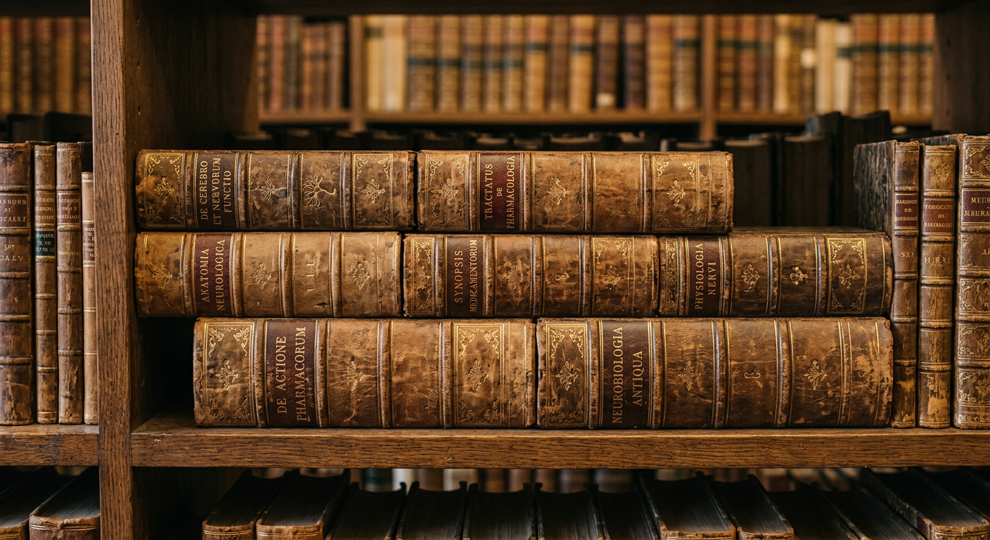 Estanteria de biblioteca con libros antiguos de neurociencia y farmacologia, lomos con titulos en latin