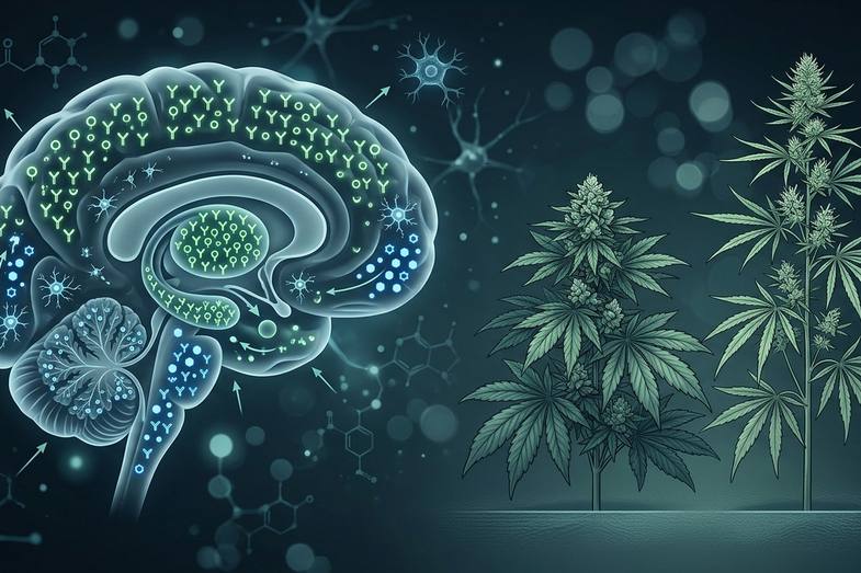 Ilustración científica del cerebro con receptores cannabinoides CB1 y CB2 junto a comparación de plantas indica y sativa de Cannabis