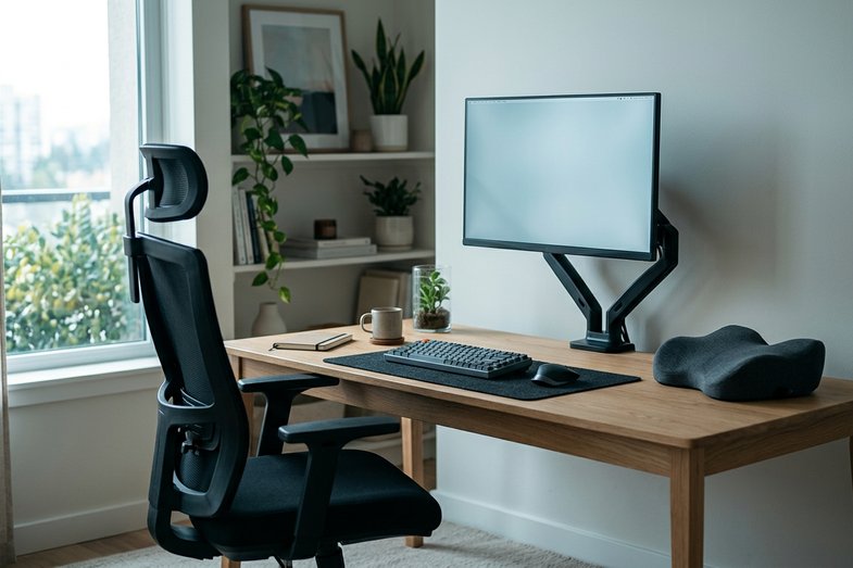 Puesto de trabajo ergonómico con monitor a la altura de los ojos, silla con soporte lumbar y cojín cervical anatómico sobre el escritorio