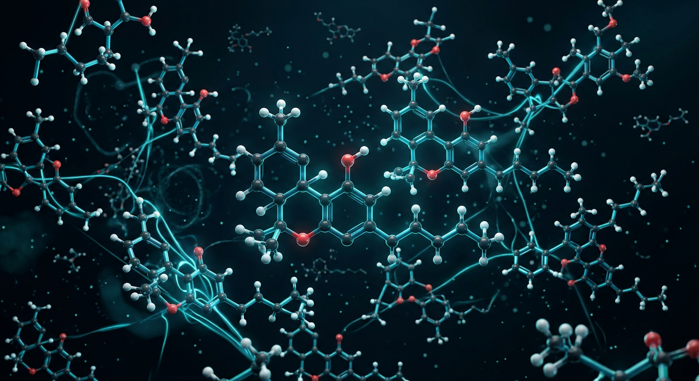 Visualizacion 3D de estructuras moleculares de fitocannabinoides THCP y CBDP sobre fondo oscuro con acentos azulados