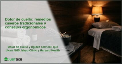 Escritorio ergonómico con monitor doble y silla de oficina junto a ventana, banner del artículo de Justbob sobre dolor de cuello y remedios caseros