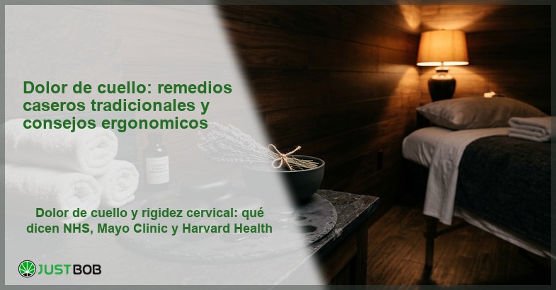 Escritorio ergonómico con monitor doble y silla de oficina junto a ventana, banner del artículo de Justbob sobre dolor de cuello y remedios caseros