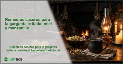 Tarro de miel artesanal y flores de manzanilla sobre mesa de madera, banner del artículo de Justbob sobre remedios caseros para la garganta irritada