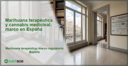 Despacho regulatorio con archivadores y documentos legales junto a edificio madrileño, banner del artículo de Justbob sobre cannabis medicinal en España