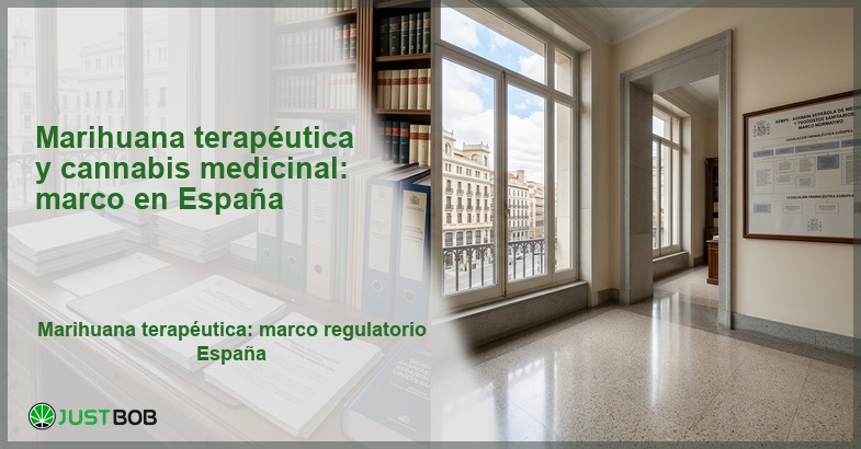Despacho regulatorio con archivadores y documentos legales junto a edificio madrileño, banner del artículo de Justbob sobre cannabis medicinal en España