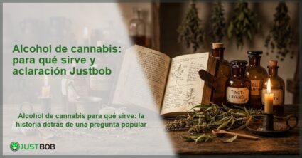 Banner del articulo sobre alcohol de cannabis con bodegon vintage de herbolaria decimononica titulo Alcohol de cannabis tradicion y claridad y logo Justbob