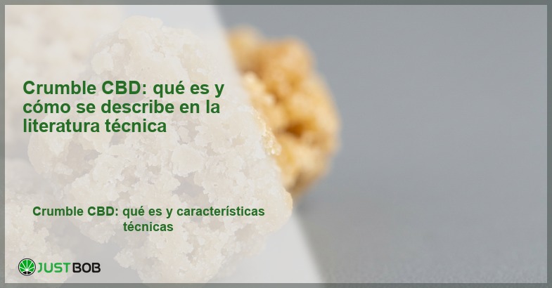 Detalle macro de concentrado crumble CBD con textura granular dorada, banner del artículo de Justbob sobre el crumble CBD