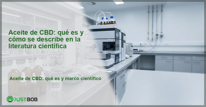 Laboratorio analítico con frascos cuentagotas ámbar, HPLC y balanza analítica, banner del artículo de Justbob sobre el aceite de CBD
