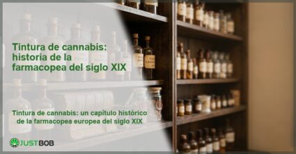 Estantería de botica antigua con frascos ámbar de tinturas etiquetadas, banner del artículo de Justbob sobre la tintura de cannabis del siglo XIX