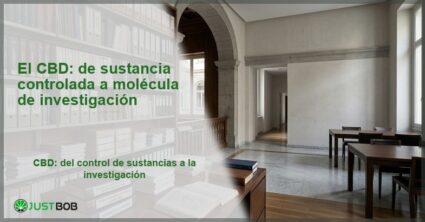 Sala de archivo regulatorio con estanterías de archivadores y libros sobre la mesa, banner del artículo de Justbob sobre la historia regulatoria del CBD