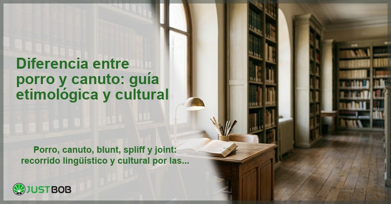 Biblioteca clásica con estantería de libros antiguos y escalera de madera, banner del artículo de Justbob sobre diferencia entre porro y canuto