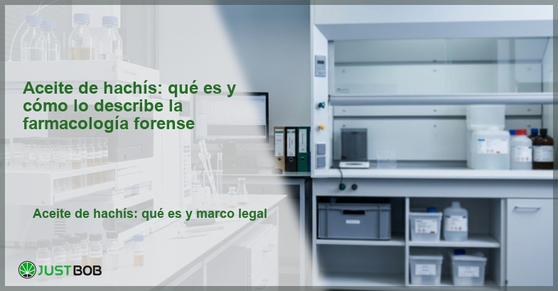 Laboratorio de química forense con cromatógrafo HPLC y viales ámbar de muestras, banner del artículo de Justbob sobre aceite de hachís