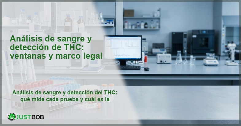 Laboratorio forense con tubos de muestra y cromatógrafo, banner del artículo de Justbob sobre análisis de sangre y detección de THC