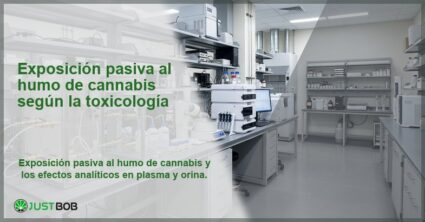 Laboratorio analítico con equipos de cromatografía, banner del artículo de Justbob sobre exposición pasiva al humo