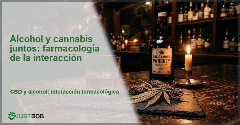 Diagrama de receptores CB1 y CB2 con estructuras moleculares sobre laboratorio, banner del artículo de Justbob sobre alcohol y cannabis juntos