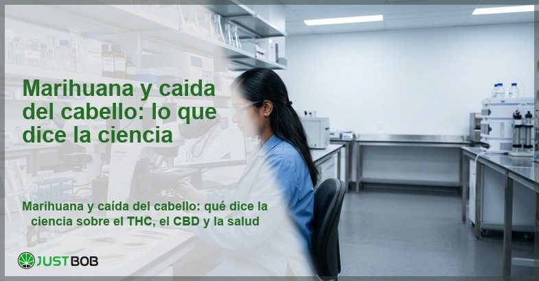 Investigadora con bata blanca observando muestras al microscopio en laboratorio, banner del artículo de Justbob sobre marihuana y caída del cabello