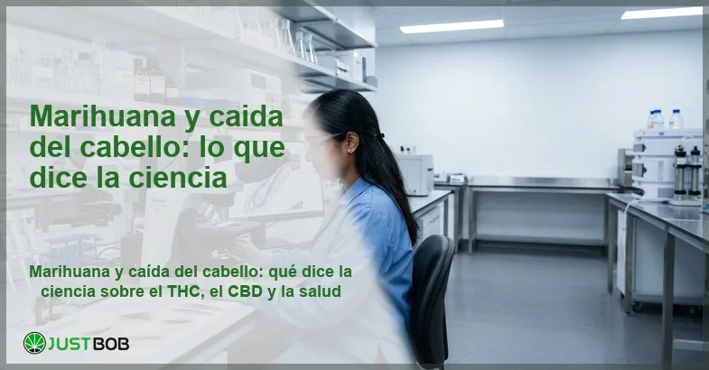 featured-caida-del-cabello-y-marihuana-como-afectan-el-thc-y-el-cbd Investigadora con bata blanca observando muestras al microscopio en laboratorio, banner del artículo de Justbob sobre marihuana y caída del cabello