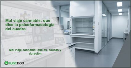 Laboratorio de neurociencia con monitores de escáneres cerebrales y publicaciones científicas, banner del artículo de Justbob sobre mal viaje cannabis