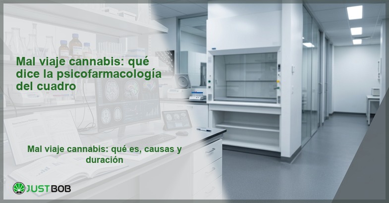 Laboratorio de neurociencia con monitores de escáneres cerebrales y publicaciones científicas, banner del artículo de Justbob sobre mal viaje cannabis