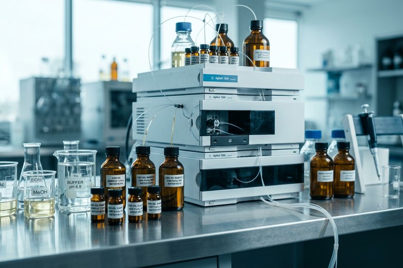 laboratorio-farmacologico-analisis-cbd Laboratorio de farmacología con equipos de cromatografía HPLC y muestras ámbar de aceite de CBD sobre encimera de acero inoxidable