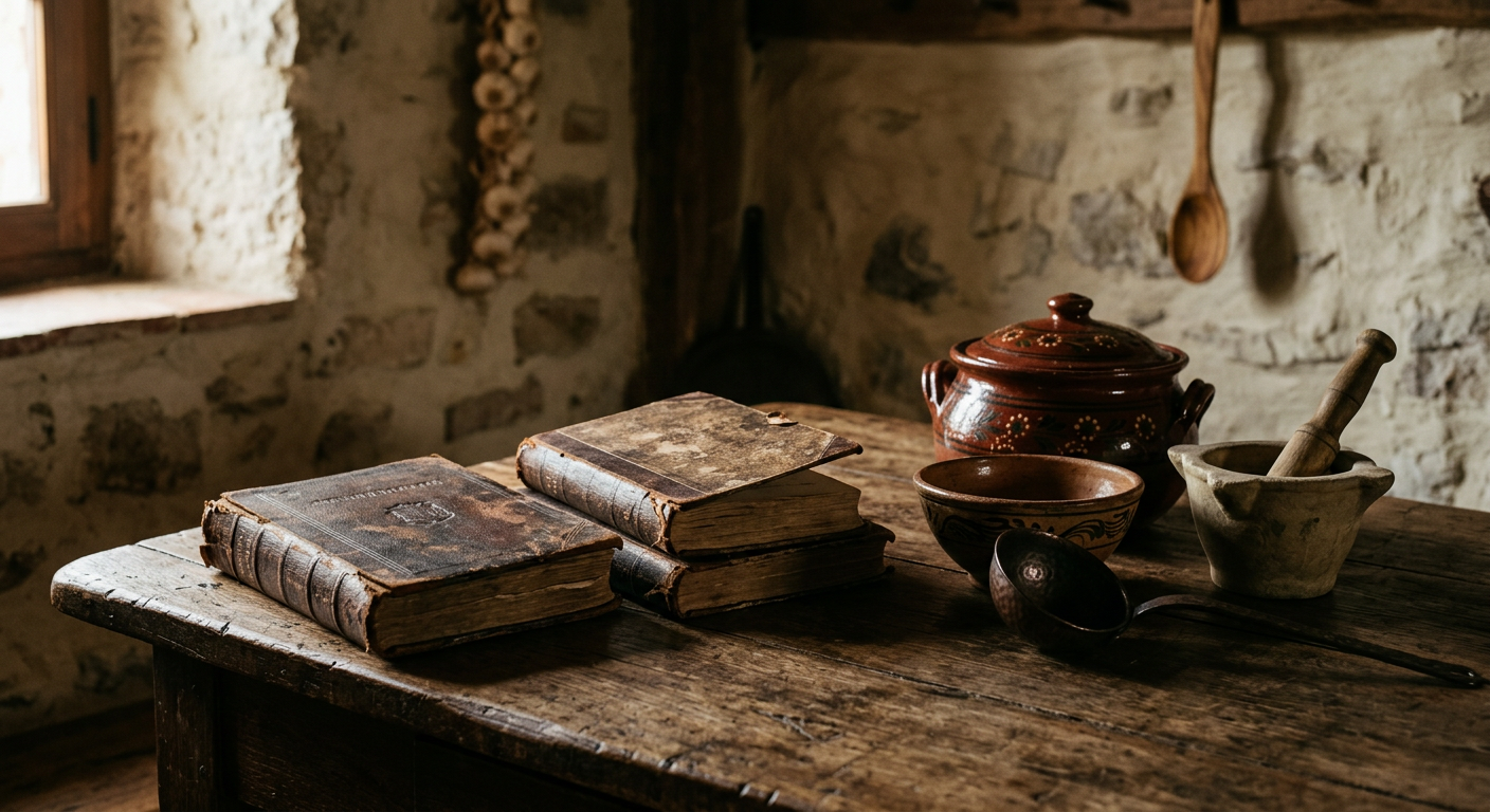 Bodegon vintage cultural espanol con libros encuadernados en cuero y ceramica tradicional sobre mesa de madera